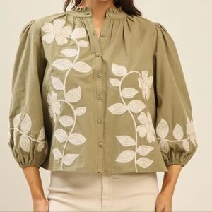 Able Embroidered Floral Cotton Blouse In Light Olive Size M NWOT'S